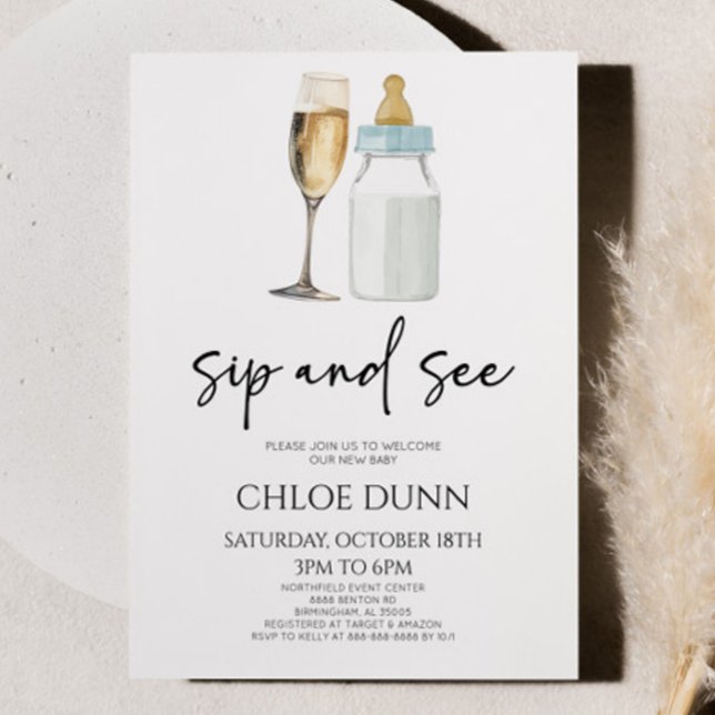 Sip and See Champagne Baby Bottle Baby Shower Invitation (Creator Uploaded)