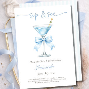 Sip and See Coquette Blue Bow Baby Boy Invitation