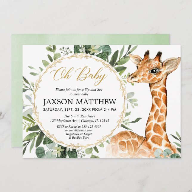Sip and See Giraffe baby shower, meet and greet Invitation (Front/Back)