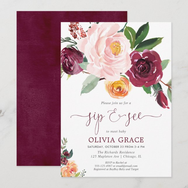 Sip and see girl blush pink burgundy fall invitation (Front/Back)