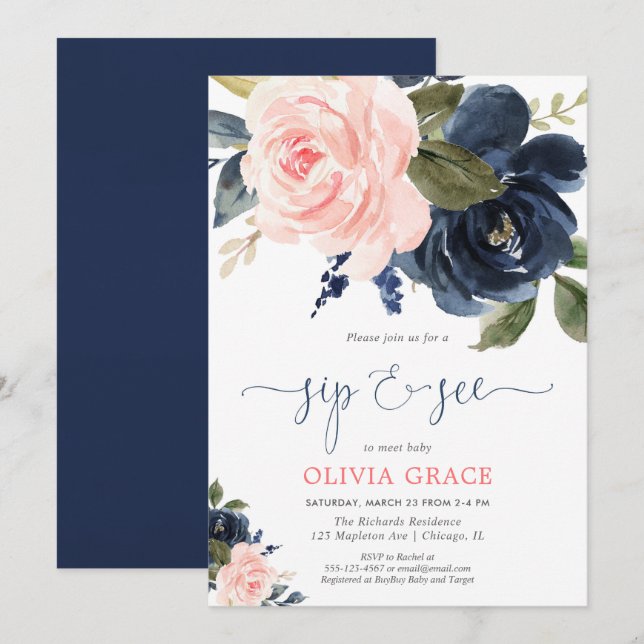 Sip and see girl blush pink navy blue floral invitation (Front/Back)