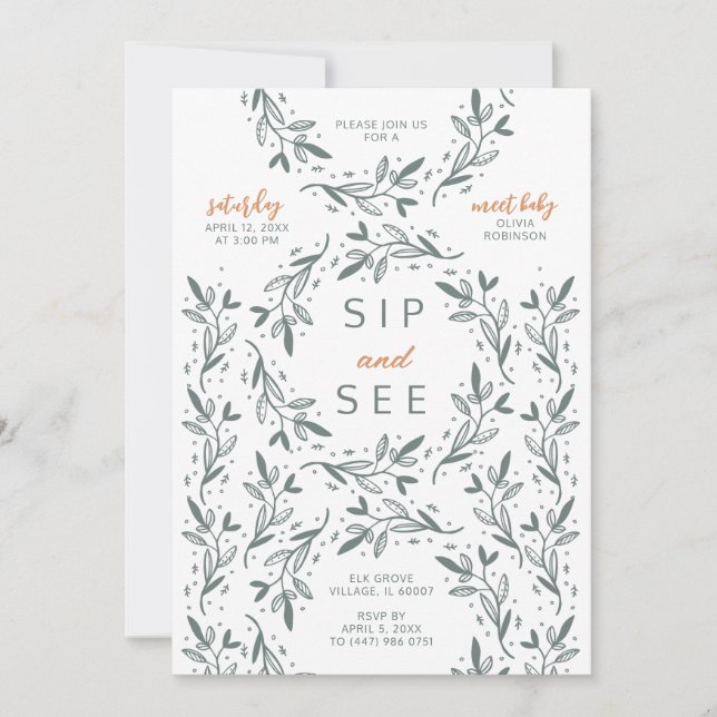 Sip and See Invitation Botanical Greenery (Front)
