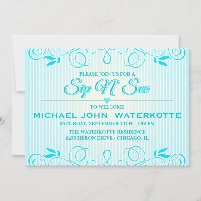 Sip and See Modern Blue Flourish Stripes Invite (Front)