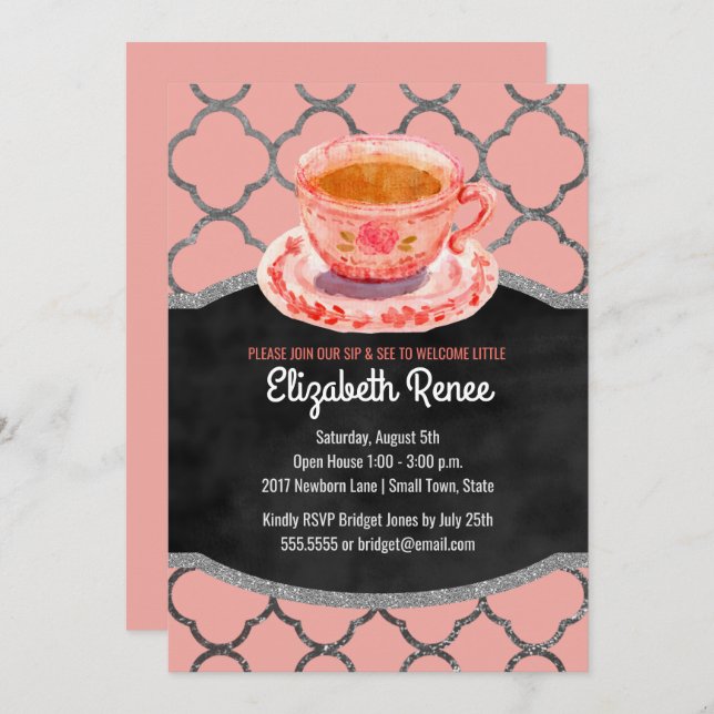 Sip and See New Baby Girl Welcome Teacup Invites (Front/Back)