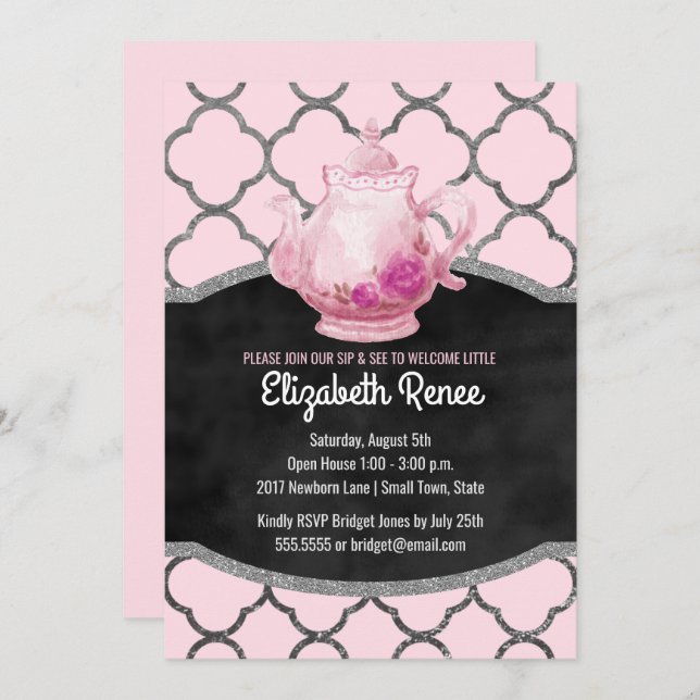Sip and See New Baby Girl Welcome Teapot Invites (Front/Back)