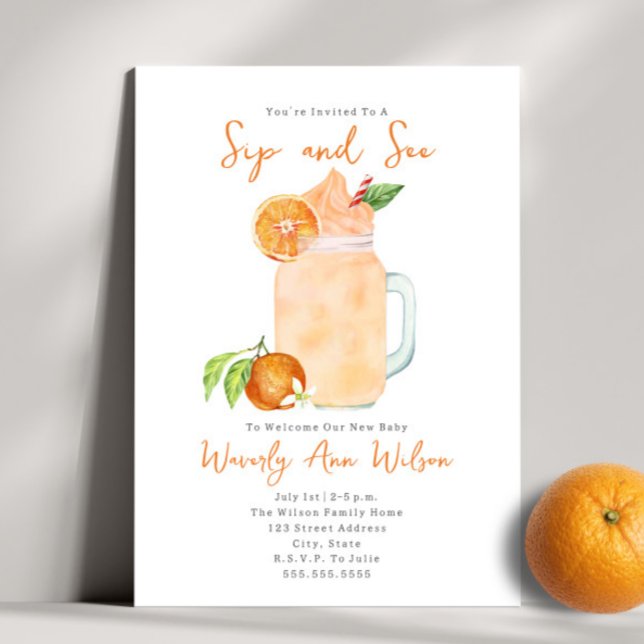 Sip and See Orange Smoothie New Baby Invitation (Creator Uploaded)