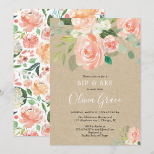 Sip and see peach rustic kraft greenery girl baby invitation