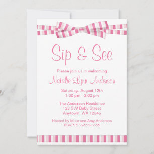 Sip and See Pink Stripe Ribbon Bow Invitation
