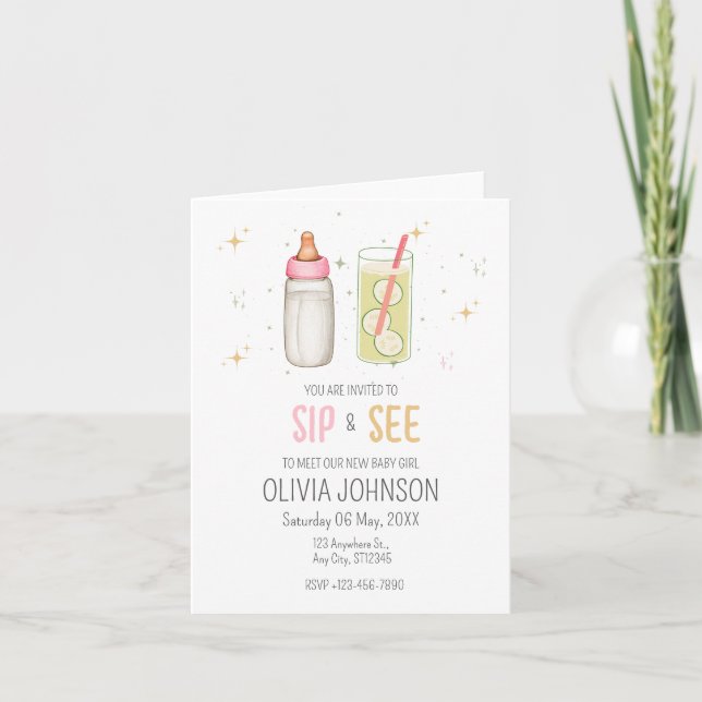 Sip And See, Welcome Baby Girl, New Baby Party Invitation (Front)