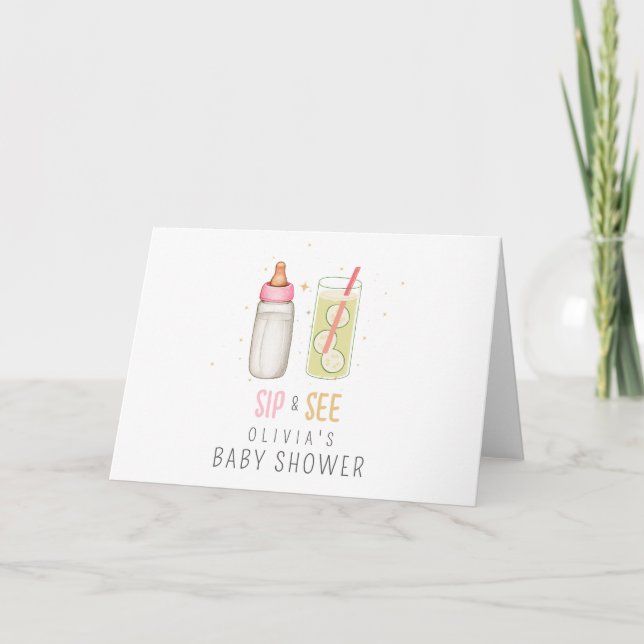 Sip And See, Welcome Baby Girl, New Baby Party Thank You Card (Front)