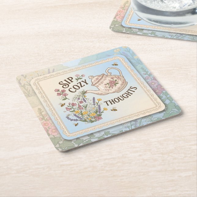 Sip Cosy Thoughts Square Paper Coaster (Angled)