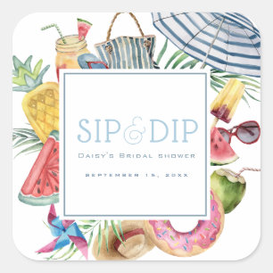Sip & Dip Pool Party Umbrella Blue Bridal Shower Square Sticker