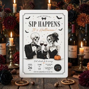 Sip Happens Halloween Party Chic Skeleton Holiday Card