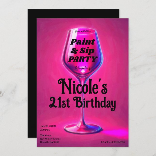 Sip & Paint Pink Wine Glass 21st Birthday Party Invitation (Front/Back)