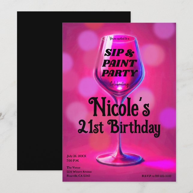Sip & Paint Pink Wine Glass 21st Birthday Party Invitation (Front/Back)