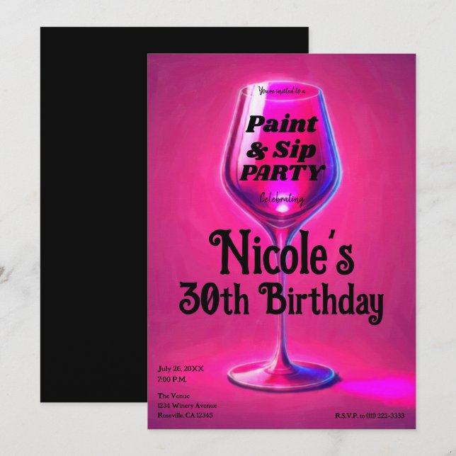 Sip & Paint Pink Wine Glass Adult Birthday Party Invitation (Front/Back)