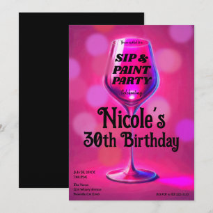 Sip & Paint Pink Wine Glass Adult Birthday Party Invitation