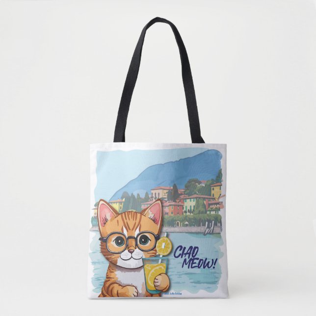 "Sip, Purr & Wander" Cute orange tabby on vacation Tote Bag (Front)