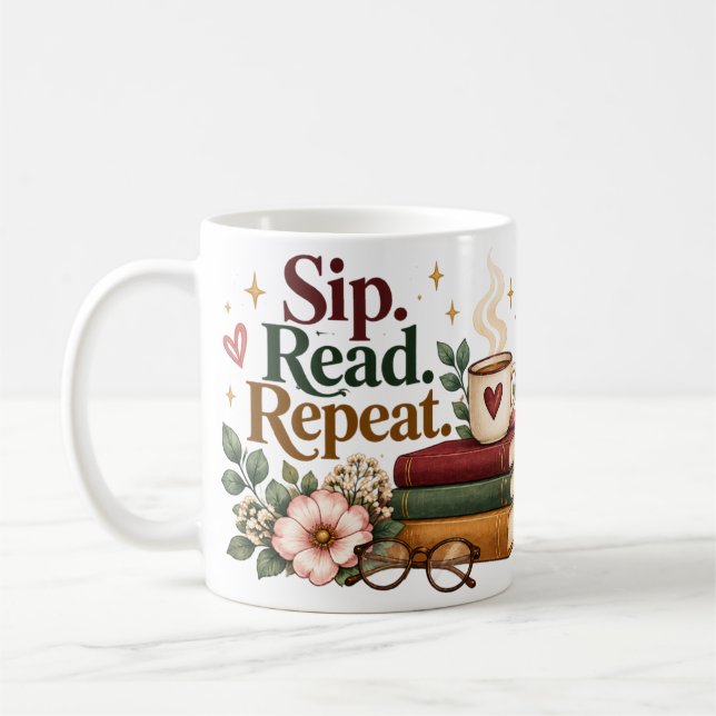 Sip Read Repeat Book Lover Coffee Mug (Left)