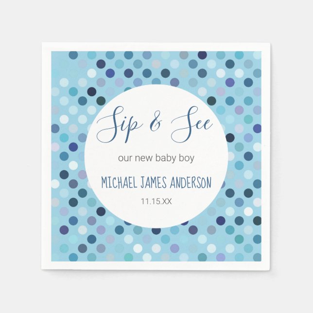 Sip & See Baby Boy Shower Blue Polka Dots Napkin (Front)