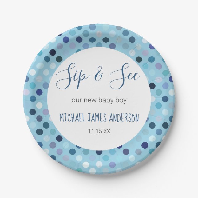 Sip & See Baby Boy Shower Blue Polka Dots Paper Plate (Front)