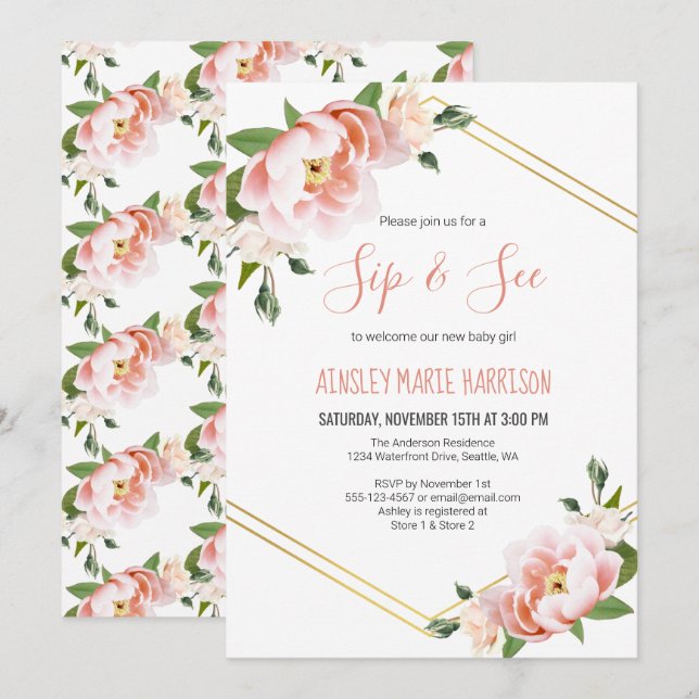 Sip & See Baby Girl Blush Floral Baby Shower Invitation (Front/Back)