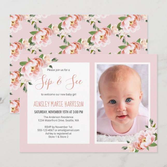 Sip & See Baby Girl Photo Blush Floral Baby Shower Invitation (Front/Back)