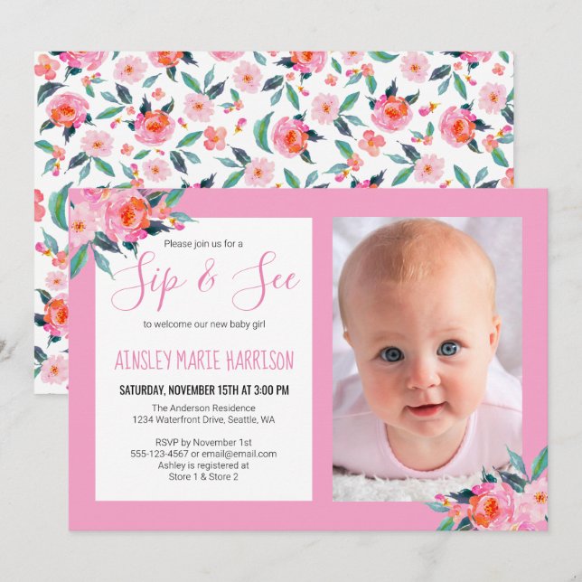 Sip & See Baby Girl Photo Pink Floral Baby Shower Invitation (Front/Back)