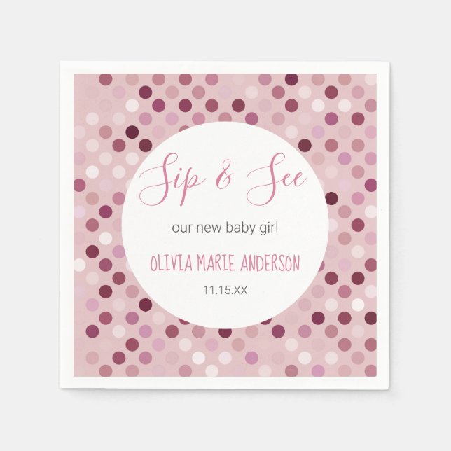 Sip & See Baby Girl Shower Pink Polka Dots Napkin (Front)