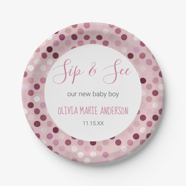 Sip & See Baby Girl Shower Pink Polka Dots Paper Plate (Front)