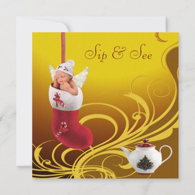 Sip & See Baby in Christmas Stocking Baby Shower Invitation (Front)