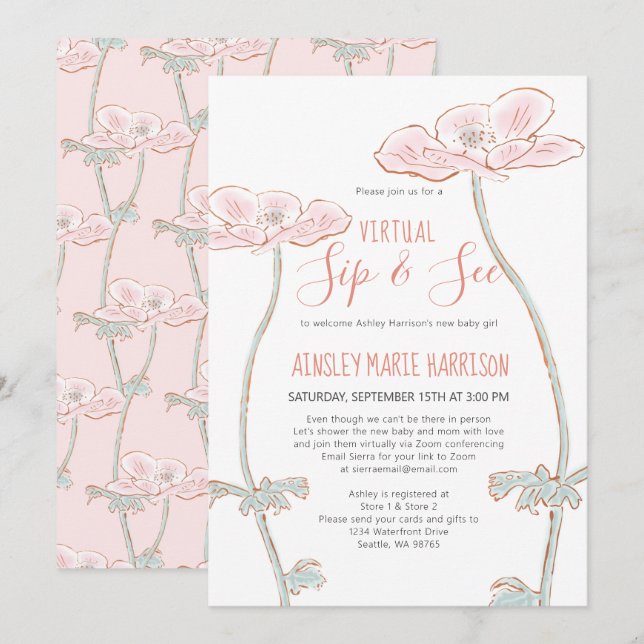 Sip & See Blush Pink Baby Girl Virtual Baby Shower Invitation (Front/Back)