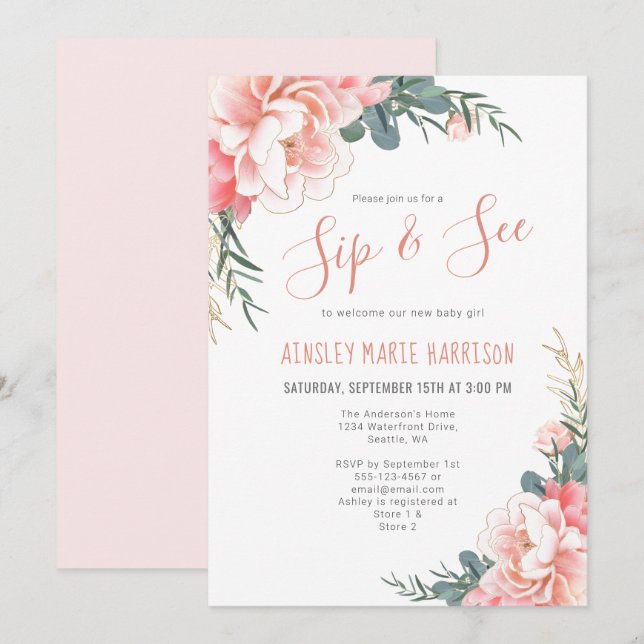 Sip & See Blush Pink Gold Floral Girl Baby Shower Invitation (Front/Back)