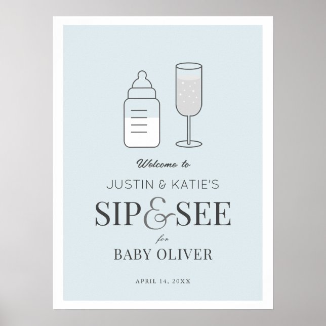 Sip & See Champagne Blue Baby Shower Welcome Poster (Front)
