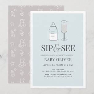 Sip & See Champagne Bottle Blue Baby Shower Invitation