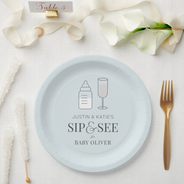Sip & See Champagne Bottle Blue Baby Shower Paper Plate (Wedding)