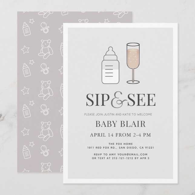 Sip & See Champagne Bottle Grey Baby Shower Invitation (Front/Back)
