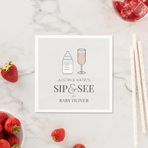 Sip & See Champagne Bottle Grey Baby Shower  Napkin