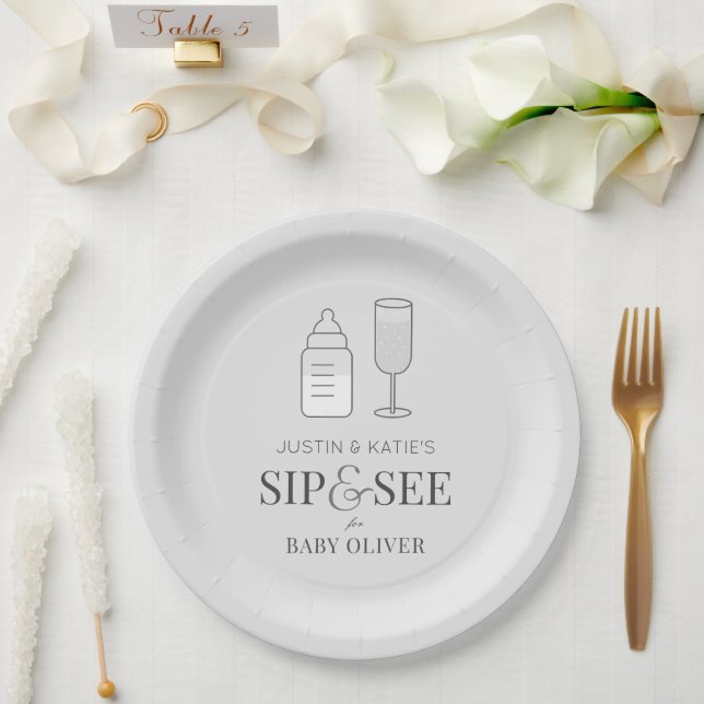 Sip & See Champagne Bottle Grey Baby Shower Paper Plate (Wedding)