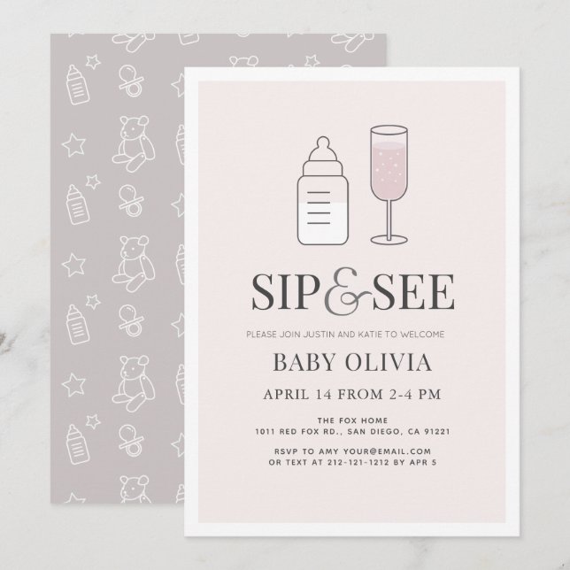 Sip & See Champagne Bottle Pink Baby Shower Invitation (Front/Back)
