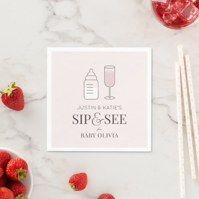 Sip & See Champagne Bottle Pink Baby Shower  Napkin (Insitu)