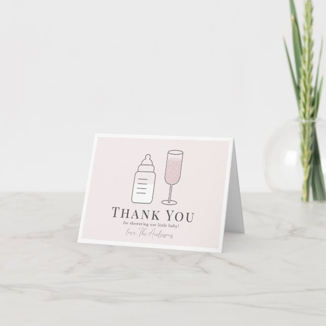 Sip & See Champagne Bottle Pink Baby Shower  Thank You Card (Front)