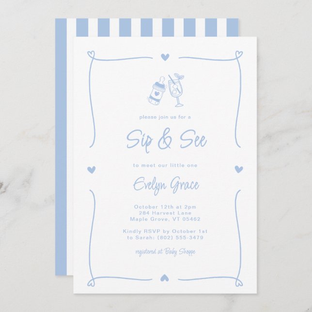 Sip & See Champagne Bottle Whimsical Blue Boy Invitation (Front/Back)