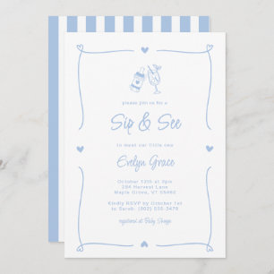Sip & See Champagne Bottle Whimsical Blue Boy Invitation