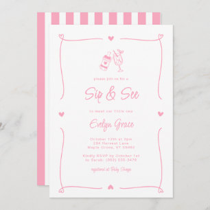 Sip & See Champagne Bottle Whimsical Pink Girl Invitation