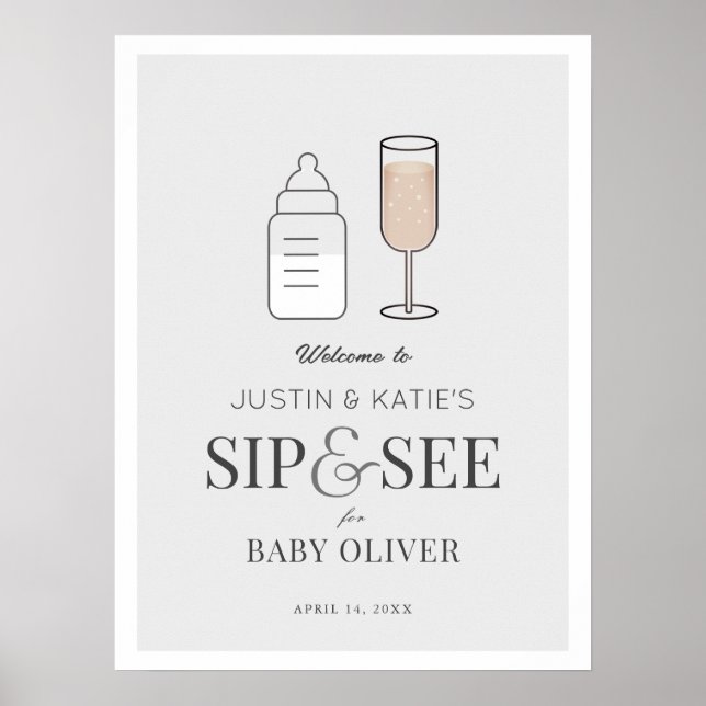 Sip & See Champagne Grey Baby Shower Welcome Poster (Front)