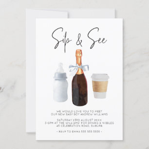 Sip & See Elegant Watercolor Blue Coffee Champagne Invitation
