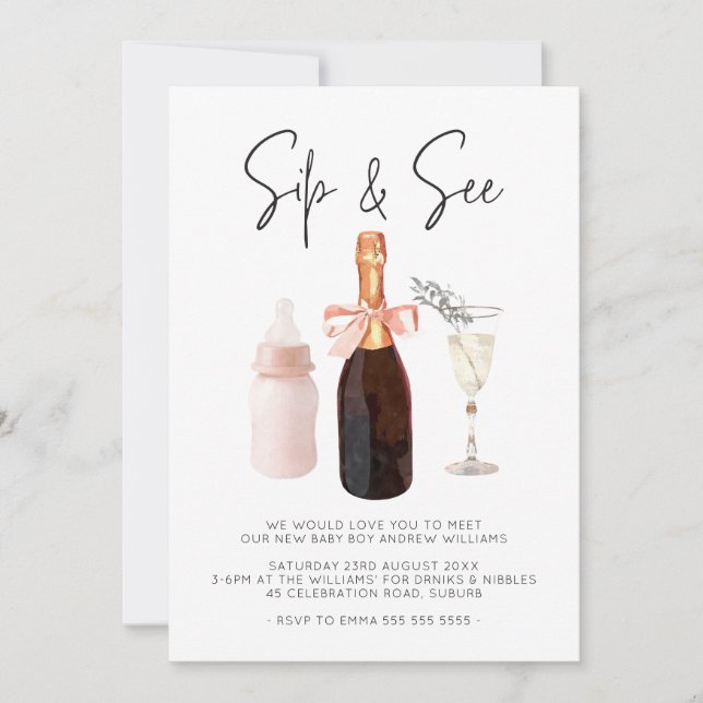 Sip & See Elegant Watercolor Pink Baby Girl Invitation (Front)