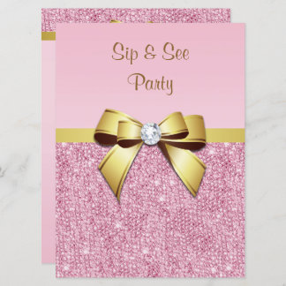 Sip & See Faux Pink Sequins Gold Bow Invitation