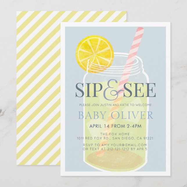 Sip & See Lemonade Mason Jar Blue Baby Shower Invitation (Front/Back)